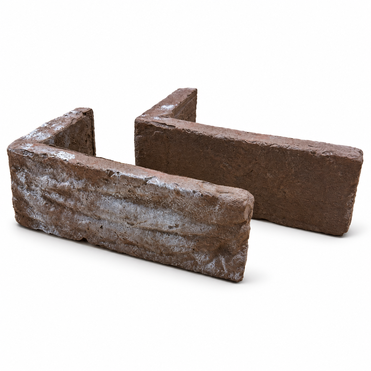 Two Barnhouse Blend L-shaped corner brick slips showing brown tones and pale weathering on a white background