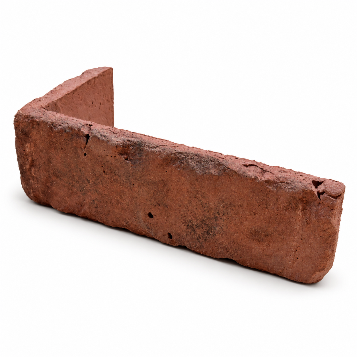 Rustic Red L-shaped corner brick slip showing its textured red face and corner return on a white background