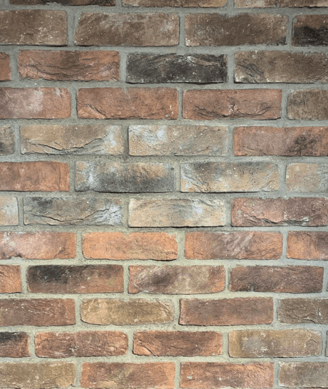 Mayfair Blend Brick Slips in varying buff, orange, pink, and red colors with weathered finishes on a wall.